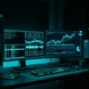 PythonとMQL5で開発中の自作EA分析ツール。暗闇の中でシアンブルーに発光する金融チャートやソースコードが映し出された、マルチモニターの作業環境。
