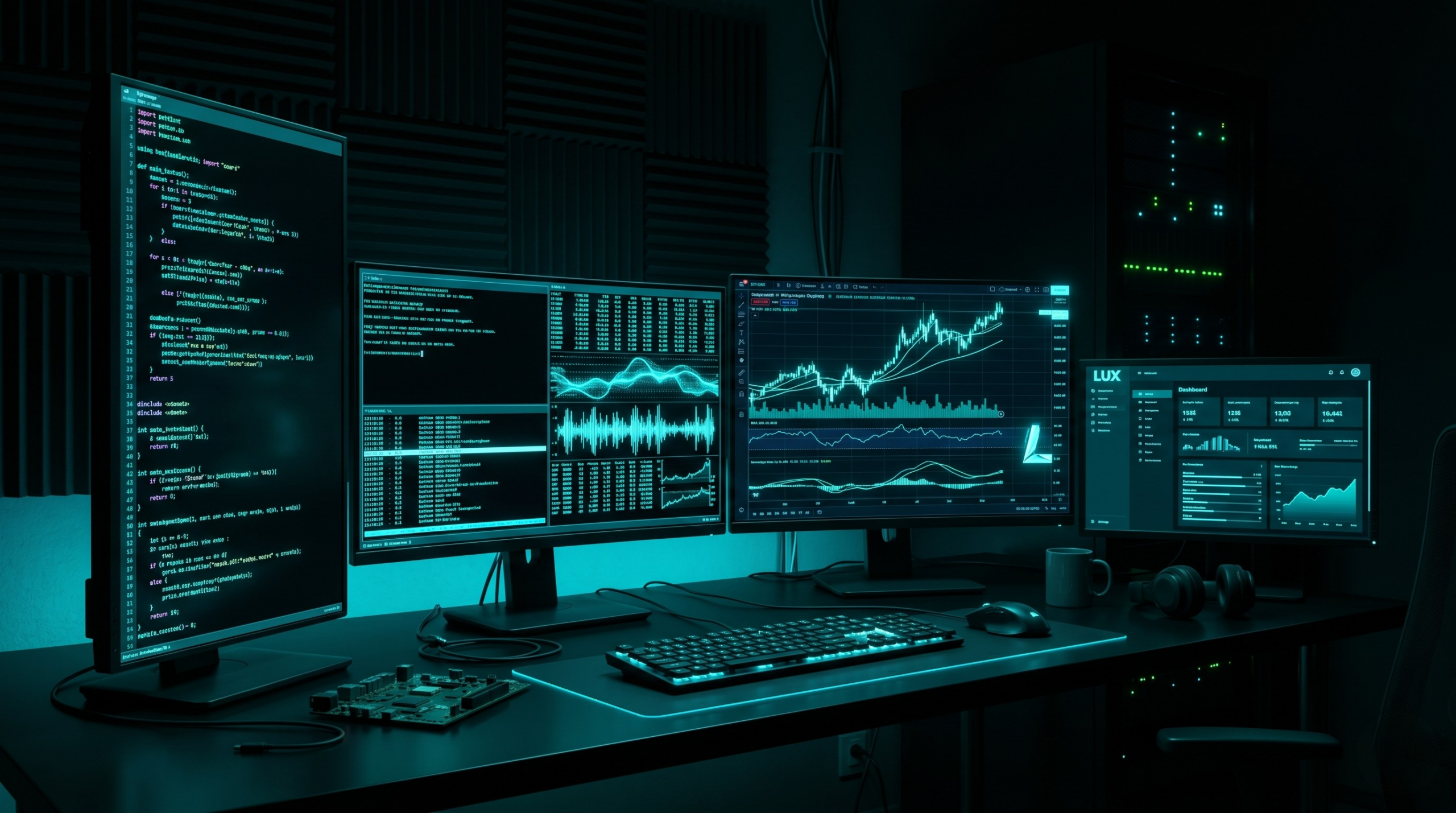 PythonとMQL5で開発中の自作EA分析ツール。暗闇の中でシアンブルーに発光する金融チャートやソースコードが映し出された、マルチモニターの作業環境。